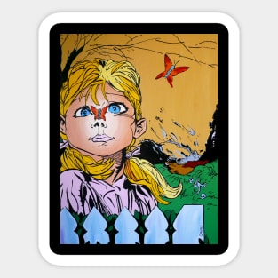 Young girl dreaming of butterflies and running from terrors behind her Sticker